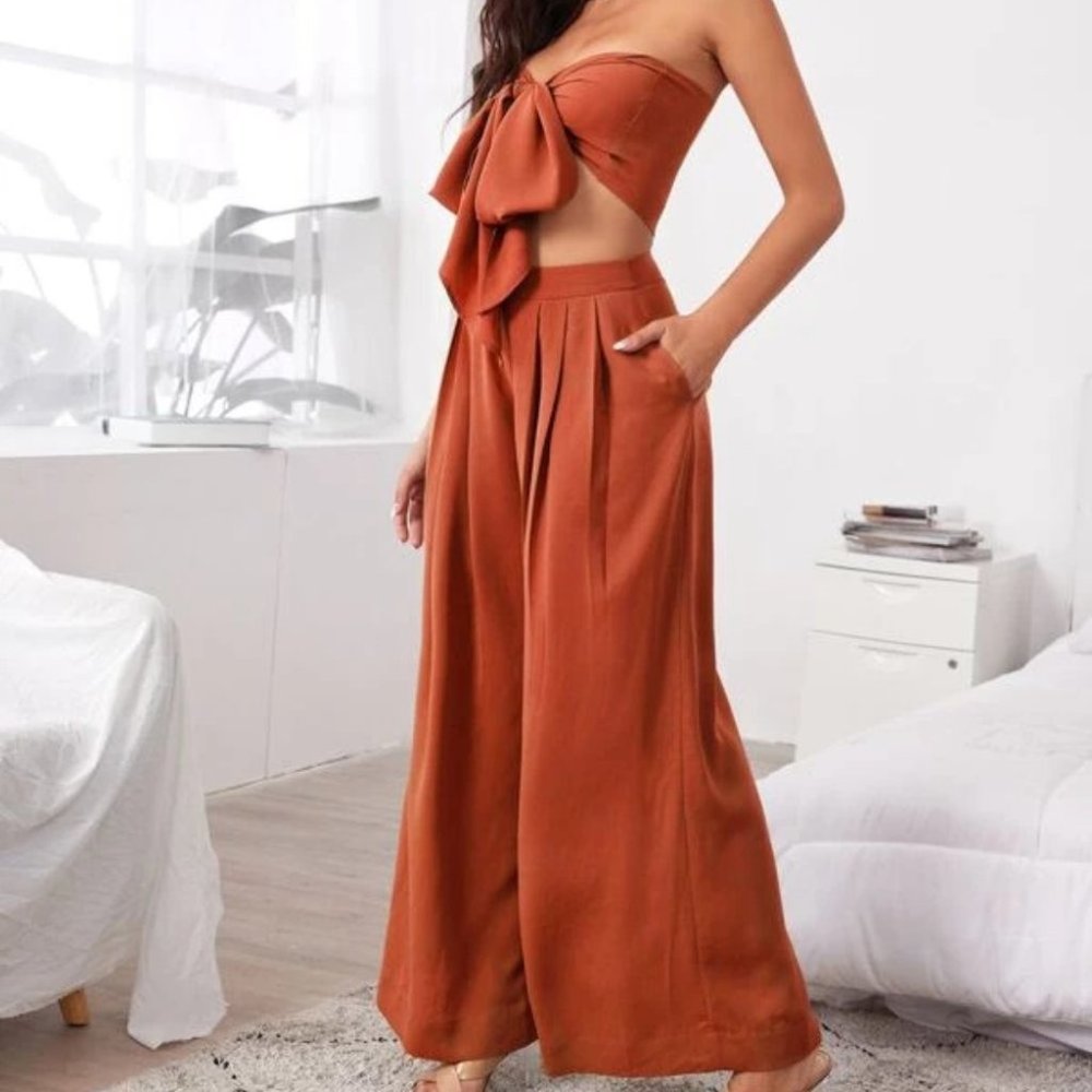 Boho 2 Piece Tie Front Tube Top & Pleated Wide Leg Pants Set  burnt orange - Picture 3 of 12